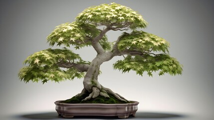 Fototapeta premium Beautiful Japanese Acer buergerianum bonsai plant in a studio white background. AI generative technology.