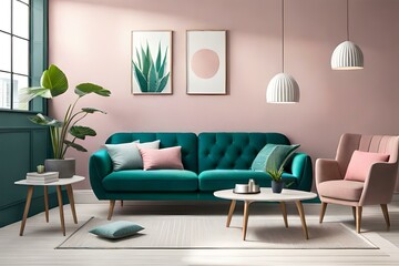 Aloe in pink pot on wooden table in pastel apartment interior with plants and armchair beside sofa with pillows. Apartment interior.