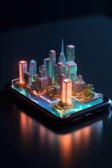 A hologram of a isometric block of land displaying from the screen