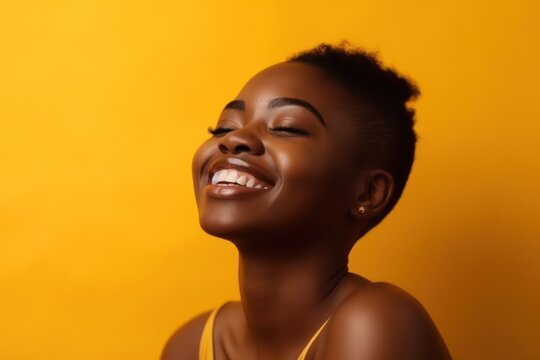 Beauty portrait of young african american woman on yellow background, Generative AI