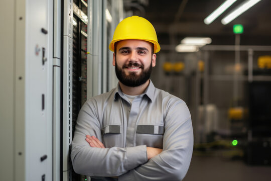 Portrait of confident young engineer standing with arms crossed in data center, Generative AI