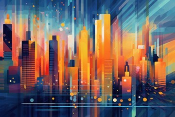 Vibrant abstract cityscape with geometric patterns, elements of nature and technology. Generative AI