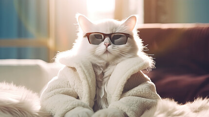 A cat sit on floor with sunglasses