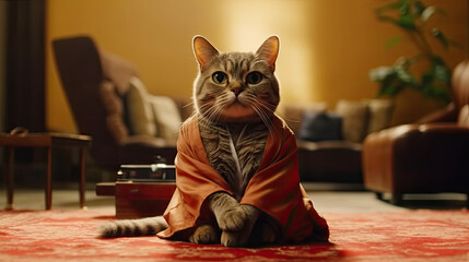 A cat sit on floor with sunglasses