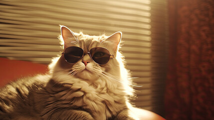 A cat sit on floor with sunglasses