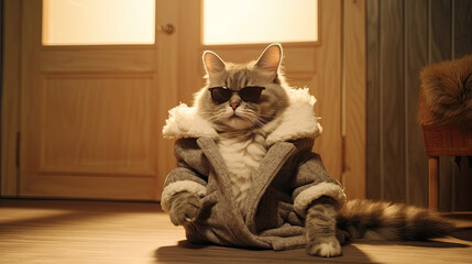 A cat sit on floor with sunglasses