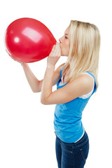 Blowing balloon, woman and red party object for event isolated on a transparent, png background....