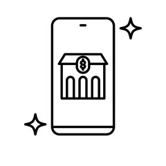 Mobile banking business and finance icon with black outline style. wireless, hand, computer, holding, service, coin, smart. Vector Illustration