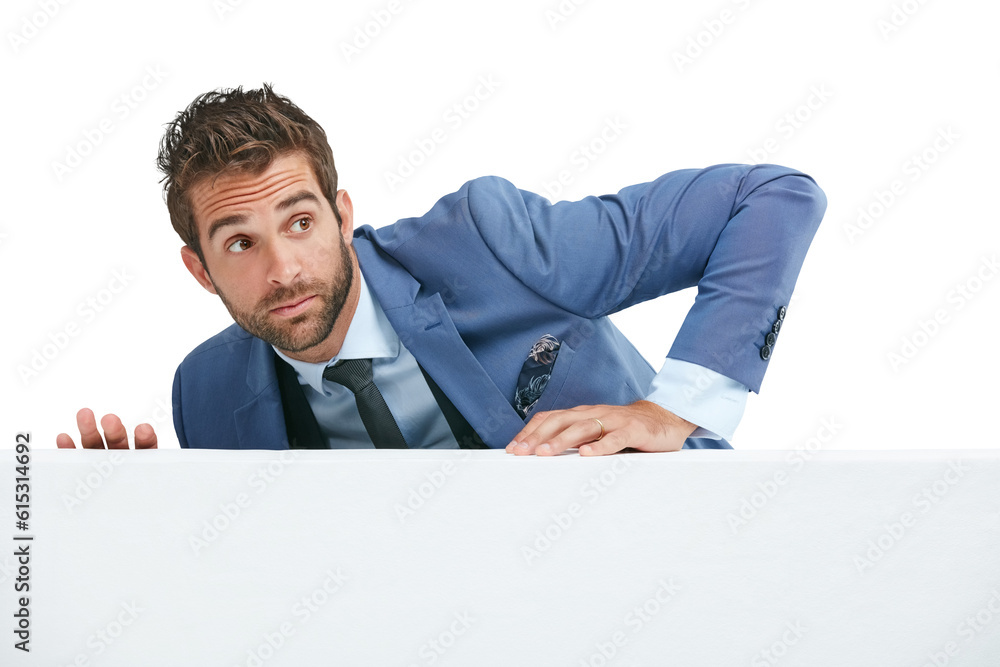 Poster Business man climbing a wall on isolated, png and transparent background with worry, alert and anxious. Professional, corporate and worried male person climb on obstacle to hide from finance debt