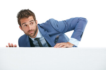 Business man climbing a wall on isolated, png and transparent background with worry, alert and anxious. Professional, corporate and worried male person climb on obstacle to hide from finance debt