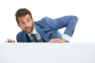 Business man climbing a wall on isolated, png and transparent background with worry, alert and anxious. Professional, corporate and worried male person climb on obstacle to hide from finance debt