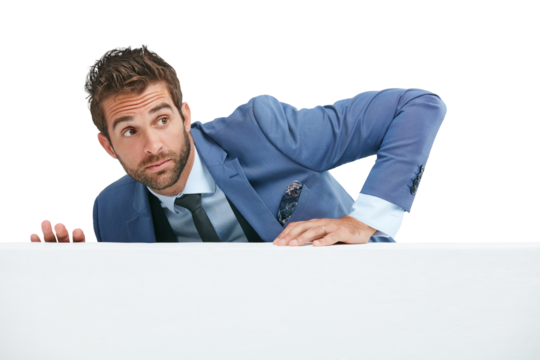 Business man climbing a wall on isolated, png and transparent background with worry, alert and anxious. Professional, corporate and worried male person climb on obstacle to hide from finance debt