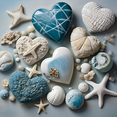 Beach-inspired. Hearts array of uniquely designed hearts adorned. Background of sea love shells. AI Generative 