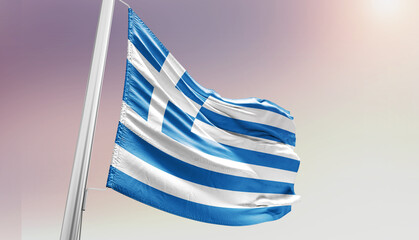 Greece national flag waving in sky.