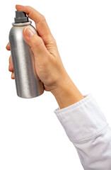Close up Female hand holding spray can isolate on white PNG ile.