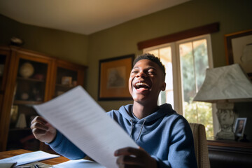 Candid capture of a joyful young man holding a college acceptance letter or loan approval, displaying his pride, excitement, and gratitude, generative ai - obrazy, fototapety, plakaty