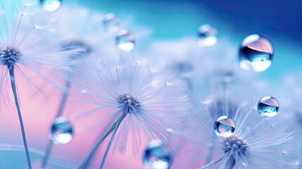 Beautiful soft light blue and violet background. Water drops on a parachutes dandelion on a beautiful blue