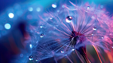 Beautiful soft light blue and violet background. Water drops on a parachutes dandelion on a beautiful blue