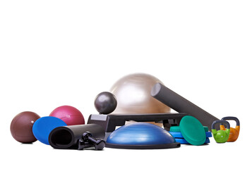 Ball, kettlebell and sport equipment for gym on isolated, png and transparent background for...