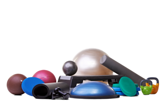 Ball, kettlebell and sport equipment for gym on isolated, png and transparent background for fitness. Objects, sports and yoga mat, dumbbells and weights for training, exercise and cardio workout - Powered by Adobe