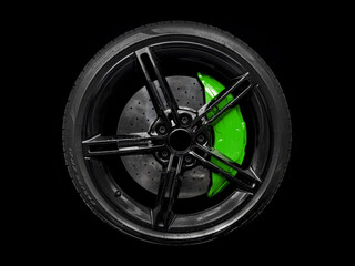 Car alloy wheel and tyre isolated on black background. New alloy wheel with tire and red carbon ceramic brakes. Alloy rim isolated. Car wheel disc. Car spare parts.