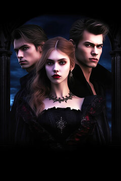 The cover of a vampire novel features three attractive vampires. Generative AI illustration. Vintage style on a black background.