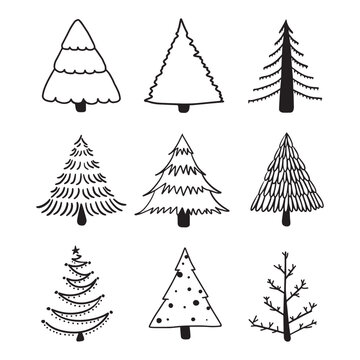 Black line Christmas tree hand drawn illustrations. Vector.
