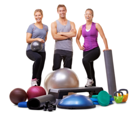 Fitness, group and portrait of people with equipment on isolated, png and transparent background. Friends, gym and man and women with sports balls for training, exercise and pilates for wellness