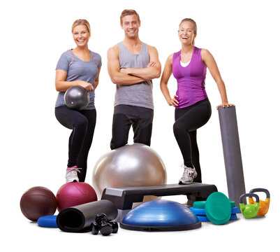 Fitness, group and portrait of people with equipment on isolated, png and transparent background. Friends, gym and man and women with sports balls for training, exercise and pilates for wellness