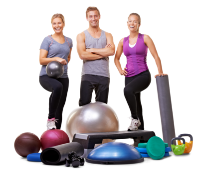 Fitness, group and portrait of people with equipment on isolated, png and transparent background. Friends, gym and man and women with sports balls for training, exercise and pilates for wellness