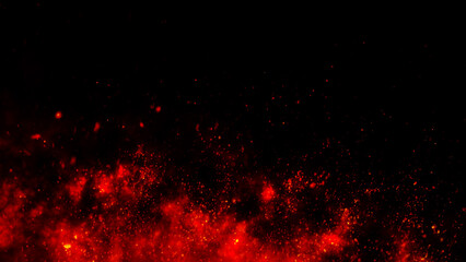 Fire embers particles over black background. Fire sparks background. Abstract dark glitter fire particles lights.	
