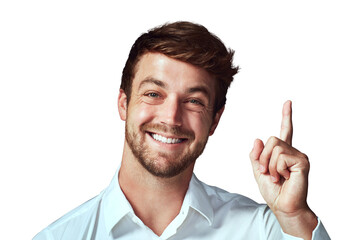 Face, portrait of a man with an idea and pointing up isolated against a transparent png background with smile. Happy, answers and male person pose with hand gesture for sales deal or solution.