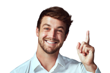 Face, portrait of a man with an idea and pointing up isolated against a transparent png background with smile. Happy, answers and male person pose with hand gesture for sales deal or solution.