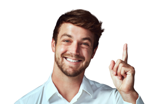 Face, portrait of a man with an idea and pointing up isolated against a transparent png background with smile. Happy, answers and male person pose with hand gesture for sales deal or solution. - Powered by Adobe