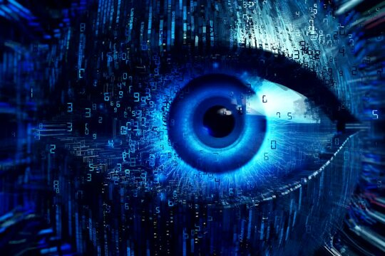 Artificial intelligence scans information. High technologies in the future. The future of digital vision technologies, security and biometrics. Implant in the human eye