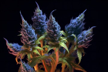 Cannabis weed buds, photo realistic, macro shot, black background, realistic detail, psychedelic cannabis surrealism Generative AI