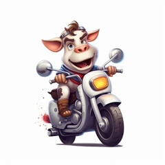 illustration of a cow character riding a motorbike