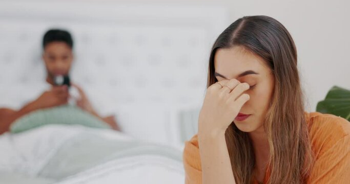 Frustrated, ignore and divorce with couple in bedroom for sad, stress and breakup. Mental health, thinking and anger with man and woman in bed at home for mistake, problem and toxic relationship
