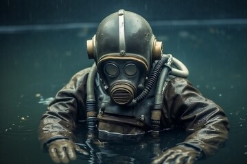 Vintage Diving Gear Uncovering the Old Full Body Suit and Helmet, Generative AI