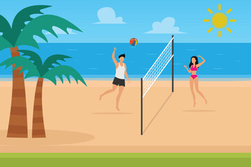Obraz na płótnie Canvas Couple play volleyball on the beach 2d vector illustration concept for banner, website, illustration, landing page, flyer, etc.