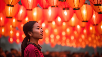 Obraz premium woman on paper lanterns bakground 
