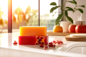 Organic handmade mango and pomegranate soap in modern bathroom with beautiful light. Generative Ai