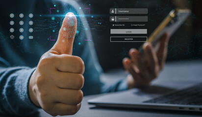 Futuristic digital processing of biometric identification fingerprint scanner for access personal financial data. surveillance and security scanning of digital programs cyber futuristic applications