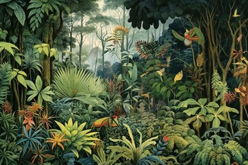 Fototapeta premium Exotic jungle with green foliage and vegetation, watercolor illustration. Generative AI
