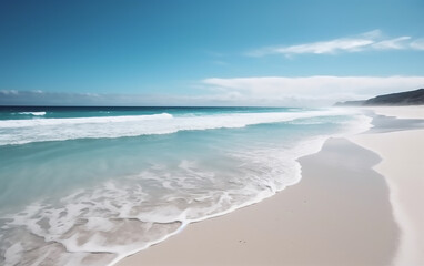 Fototapeta na wymiar Beautiful landscape with white sand and blue ocean. Generative AI technology.