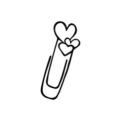 Hand drawn doodle paperclip bookmark with heart shaped decoration. School and hobby supplies, stationery clipart. Isolated on white background.