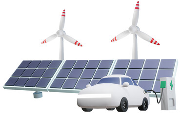 Green alternative renewable energy with solar panel, wind turbine and EV car to reduce carbon emissions and sustainable positive environment. 3D PNG