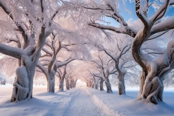Fantasy winter tree path, breathtaking, amazing, stunning, astounding landscape Generative AI 