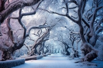 Fantasy winter tree path, breathtaking, amazing, stunning, astounding landscape Generative AI 