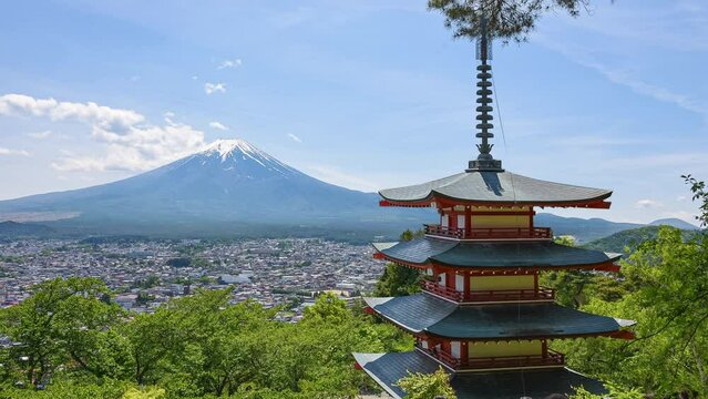 4k Captivating Timelapse Journey: Serene Symphony of Dancing Clouds and Majestic Mount Fuji with Enchanting Chureito Pagoda as the Foreground Delight